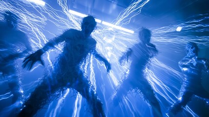Fototapeta premium Zombie Rave: Eerie Halloween Dance Party with Strobe Lights and Cinematic Lightning