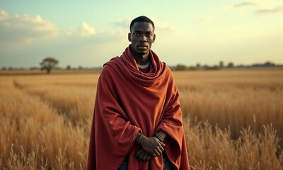 Portrait of a Young Man Wearing Traditional Attire Set Against a Scenic Rural Field Landscape