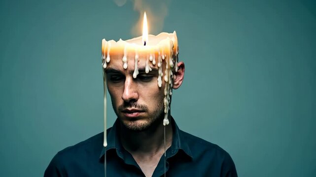 Man with melting candle wax dripping on face, surreal portrait for mental health concept. Burnout, stress and emotional meltdown visualization for psychology or social issues awareness