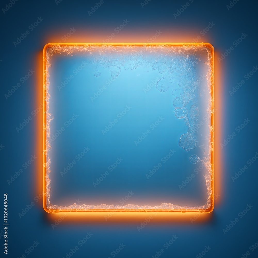 Poster orange square neon light outline set on a cold, icy surface with scattered transparent ice chunks, c