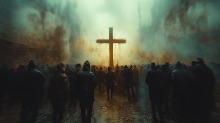 Large crowd facing a burning cross in foggy dystopian scene for conceptual or religious visual designs in muted green and orange tones