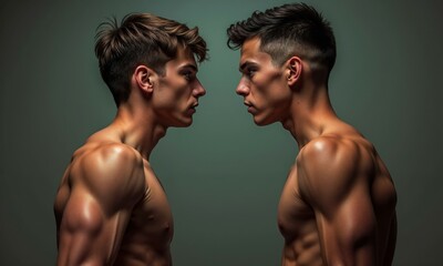 Two shirtless men with curly hair are gazing at one another intently