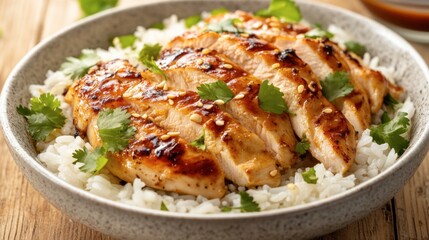 A comforting bowl of steamed rice and juicy chicken breast, garnished with cilantro and served with a flavorful dipping sauce.