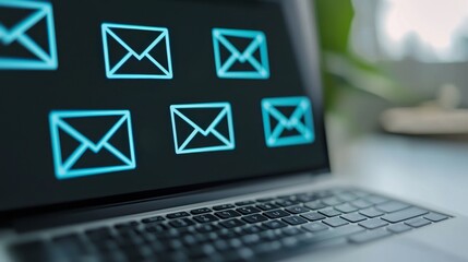 Laptop screen displaying digital email icons with a modern design.