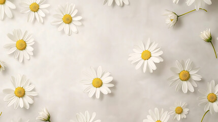 Fototapeta premium Minimalist watercolor daisies with soft white petals and yellow centers, scattered on a light gray background, seamless repeat