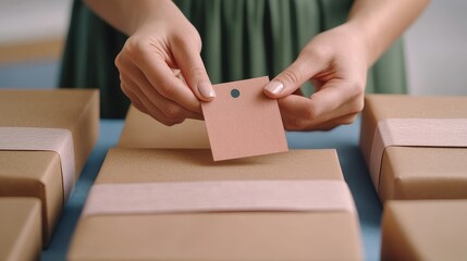 Person labeling packages with tags for shipping and organization.