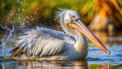 Forced perspective photo of spot billed pelican bathing in natural habitat