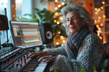 Fototapeta premium Senior woman is writing music on a computer, senior hobby