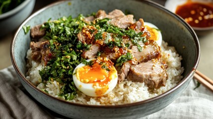 A comforting dish of pork leg rice with succulent pork, perfectly boiled eggs, and pickled mustard greens, served with chili sauce.