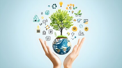Illustration of hands holding a globe with a tree growing from it, surrounded by icons of clean energy, recycling, and sustainability, symbolizing efforts toward carbon neutrality and reducing 