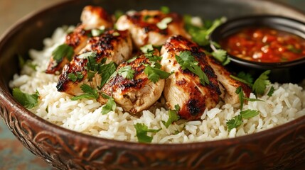A comforting dish of steamed rice and juicy chicken, garnished with cilantro and served with a tangy dipping sauce.