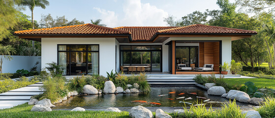 Obraz premium AI generator images of one-story white house in the middle of a natural garden, Residential one-story house for one family. Traditional American style home with beautiful landscaping.