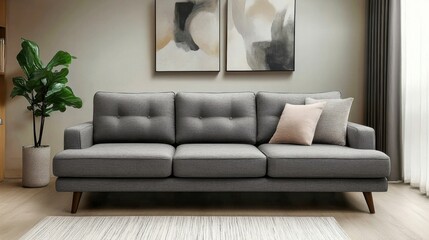 Modern gray sofa in stylish living room with abstract art and indoor plants