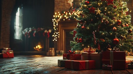 The background of the winter Christmas holiday with green fir branches and decorations, a Christmas tree and gifts in the interior.