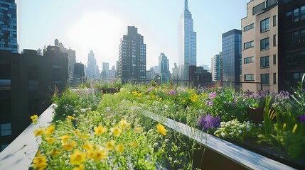 Fototapeta premium An innovative rooftop garden with holographic flowers blooming alongside real plants, enhanced by interactive digital tools for urban gardening, creating a cutting-edge, eco-friendly space in 