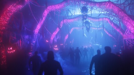 Obraz premium Spectacular Haunted Halloween Rave: Enchanting Outdoor Event with Eerie Glow, Costumed Dancers, and Cinematic Lightning
