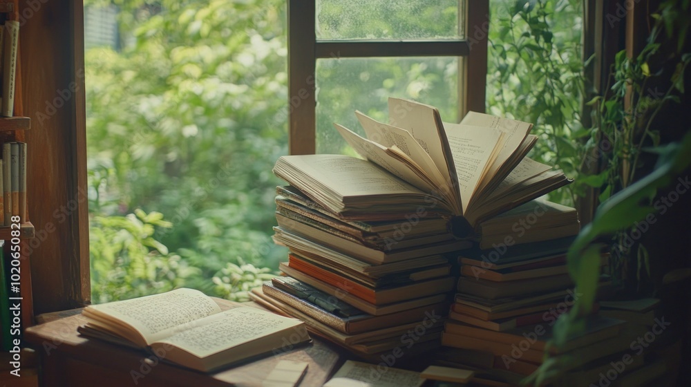 Poster open book on a stack of books by a window