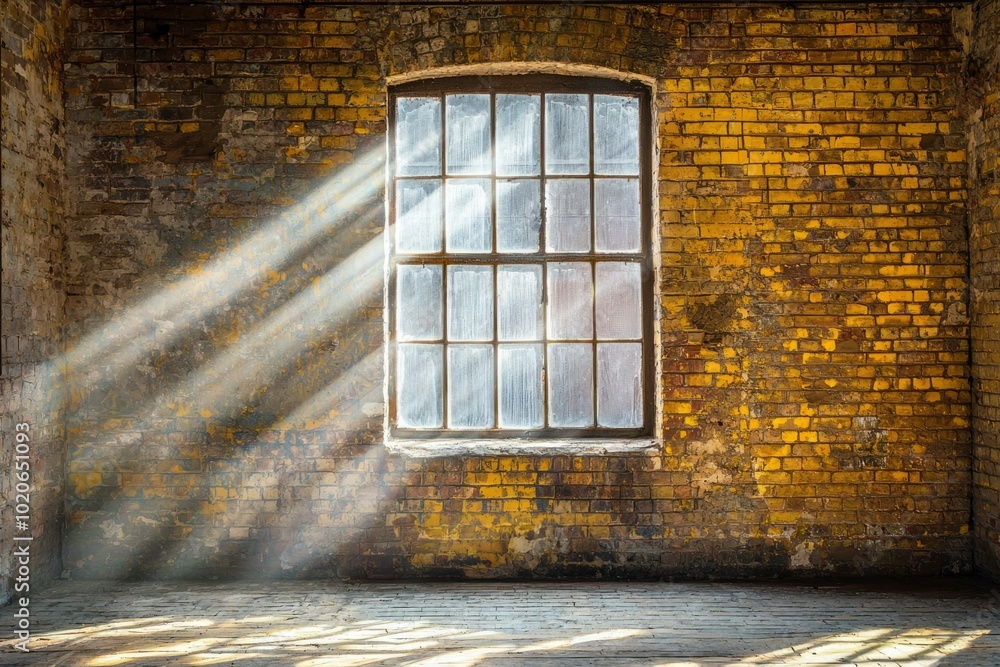 Aufkleber sunlight streaming through a window in an abandoned brick building