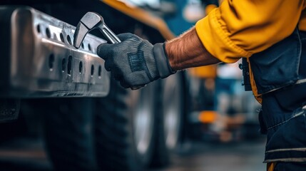 Close-up of a Mechanic's Hand Using a Tool on a Truck Chassis