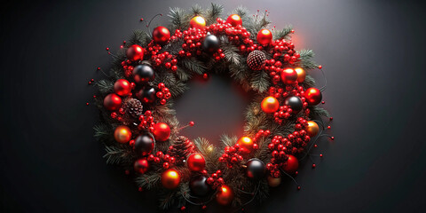 Red and black holiday wreath with glowing lights, 3D illustration