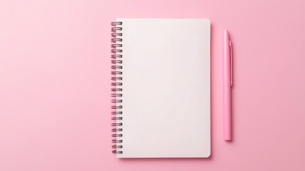 Blank notebook and pink pen on a soft pink background.