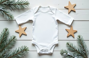 Christmas white baby girl or boy onesie mockup flat lay with wooden stars and xmas tree branches on a white background. Design onesie template, print presentation mock up. Top view.