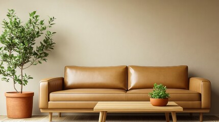 Modern minimalist living room with leather sofa, wooden coffee table, and potted greenery