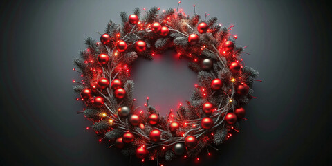 Red and black holiday wreath with glowing lights, 3D illustration