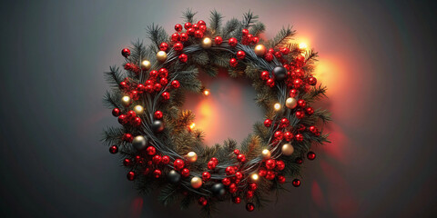 Red and black holiday wreath with glowing lights, 3D illustration