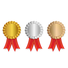 Set of Blank Gold, Silver, and Bronze Badge Medal with Ribbon Isolated on White