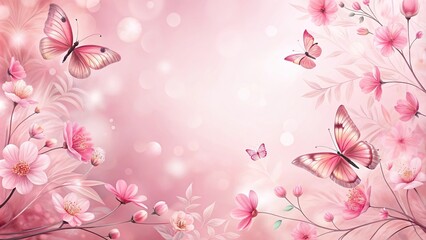 Fototapeta premium Forced perspective pink floral background with delicate butterflies and leaves