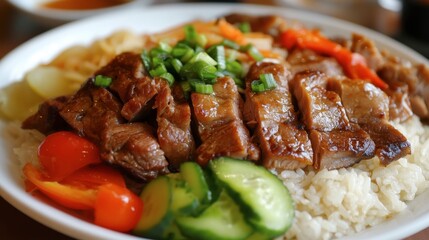 A delectable plate of pork leg rice with tender, melt-in-your-mouth pork, served with fragrant rice and pickled vegetables.