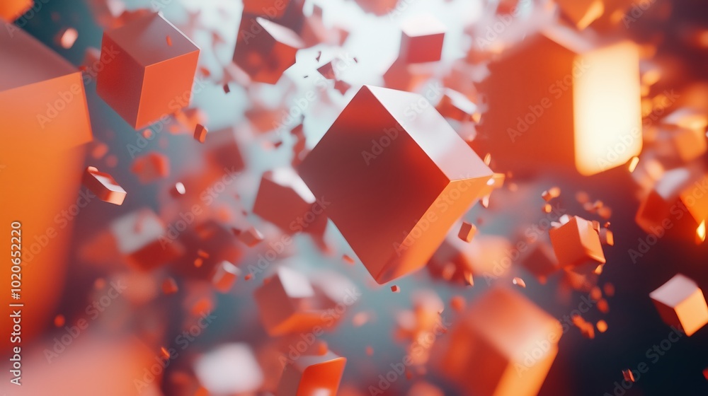 Poster abstract floating cubes in vibrant colors against a blurred background representing motion and digit