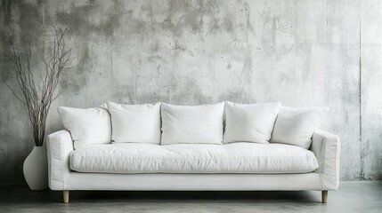 Modern white sofa in minimalist living room with textured concrete wall background