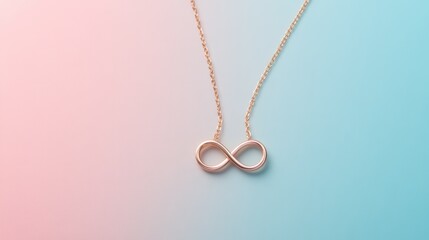 A delicate gold necklace with an infinity symbol pendant, resting on a pastel background.