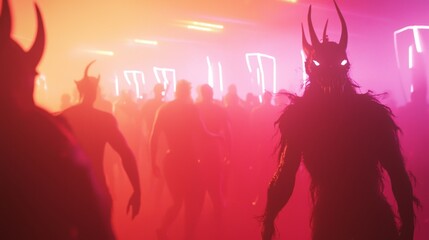 Obraz premium Enchanting Halloween Rave: Mythical Creatures Dance under Colorful Lights