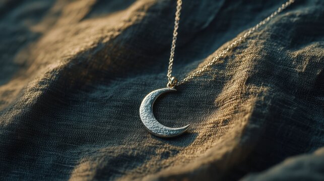 A delicate silver necklace with a crescent moon pendant resting on a textured fabric.