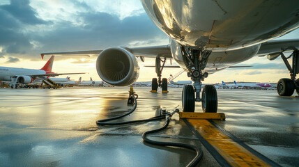 Airplanes being refueled at an airport during sunset with wet runways reflecting the vibrant sky