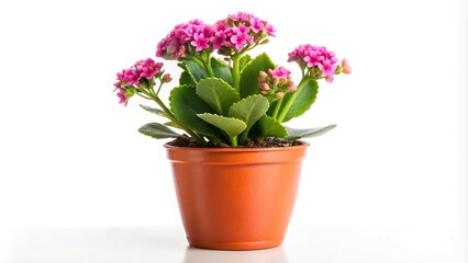 Forced perspective pink kalanchoe plant in pot isolated on white background