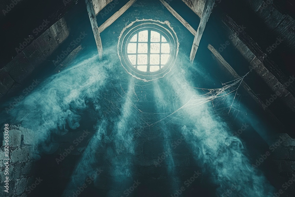 Poster Light Shining Through an Attic Window with Smoke and Cobwebs