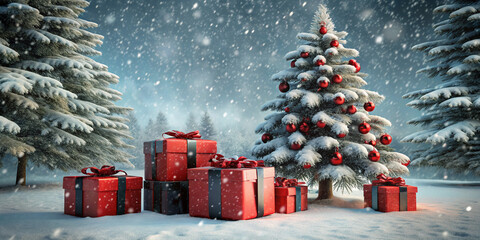 Christmas gifts wrapped in red and black under a snow-dusted tree, 3D illustration