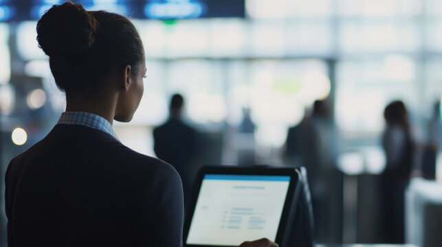 Airport staff member assists travelers with information using a tablet in a bustling terminal during daytime