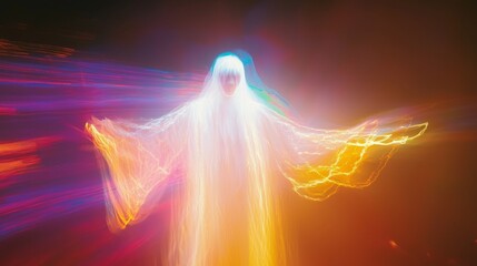 Eerie Halloween Rave: Ghostly Figure Dancing in Colorful Lights with Cinematic Lightning