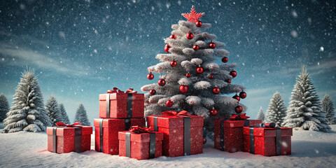 Christmas gifts wrapped in red and black under a snow-dusted tree, 3D illustration