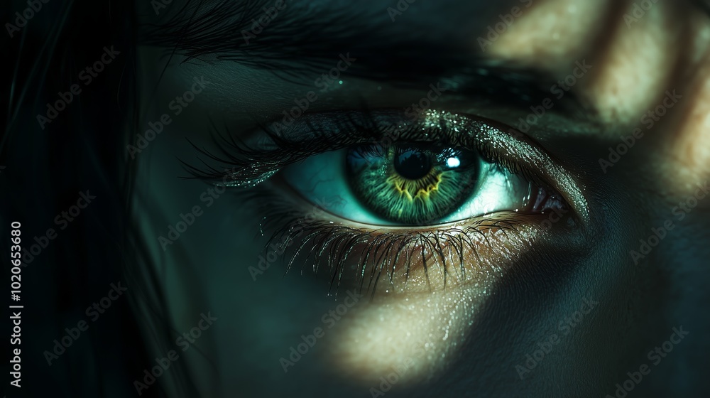 Poster close-up of a striking green eye illuminated by soft light with shadows on the face, creating a myst