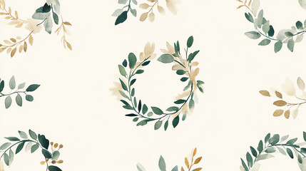 Simple watercolor Christmas wreaths, muted green and gold, soft focus, on a plain cream background, seamless repeat