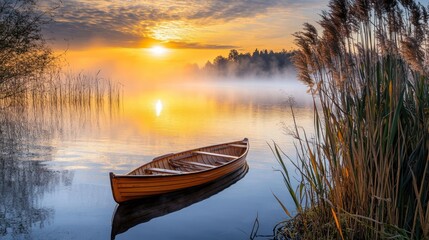 Obraz premium Wooden Rowboat Moored in a Calm Lake at Sunrise