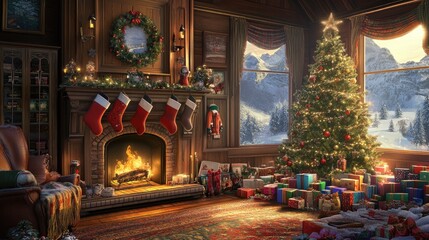 Obraz premium Cozy Christmas Scene with Tree and Fireplace