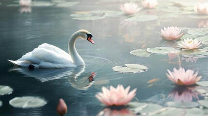 Obraz premium A graceful swan floating in a pond, surrounded by delicate water lilies in full bloom.