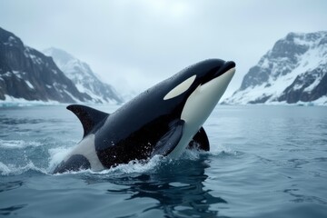 Fototapeta premium Orca whale breaching in icy waters with snow-covered mountains in the background